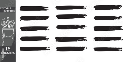 Set of 15 black grunge paint brush strokes vector