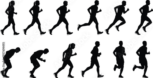running people silhouette sequence, jogging movement stages, runner action set, fitness training illustration, athletic motion vector, sport activity