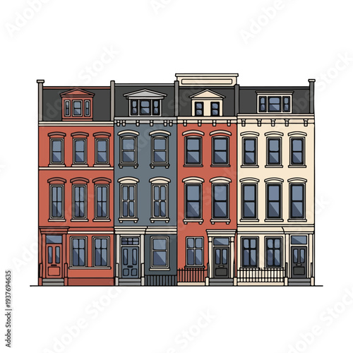 Row of colorful townhouses with ornate facades and balconies
