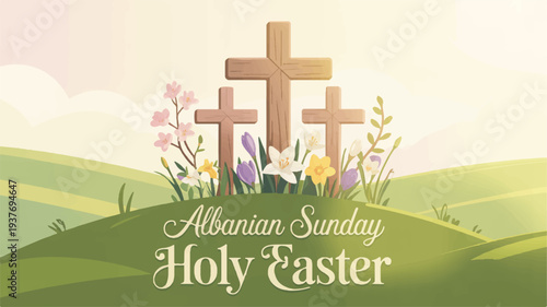 Easter celebration with three wooden crosses on green hill with flowers symbolizing albanian sunday holy easter