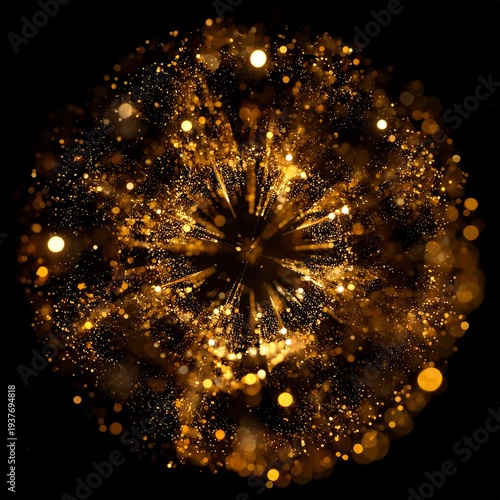 A vibrant, glowing gold sphere with sparkling particles