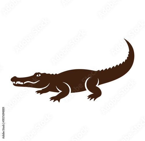 Brown alligator silhouette side view with open mouth on white background