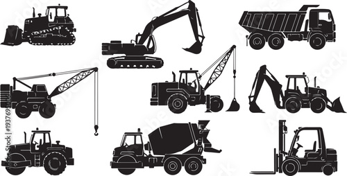 Construction Vehicles Silhouette Bundle, Heavy Equipment Vector Set.