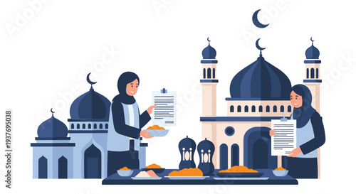 Muslim family breaking fast at sunset during Ramadan with mosque background illustration