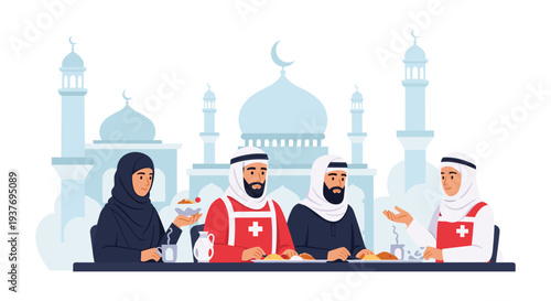Muslim family iftar dinner Ramadan celebration traditional meal mosque background happy togetherness