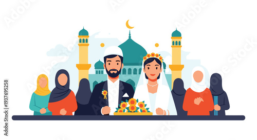 Muslim couple wedding celebration with family cutting cake at mosque in colorful flat design