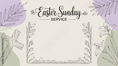 Easter sunday service invitation card with floral design and cross symbol on beige background