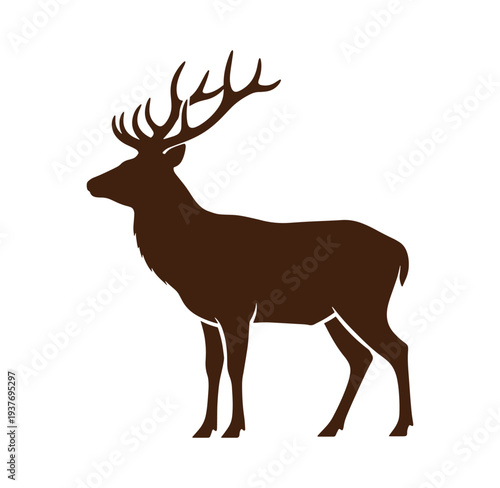 Brown deer silhouette with large antlers standing alone on white background  wild animal