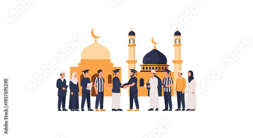 Graduation ceremony group celebrating success outside mosque with golden domes in sunlight