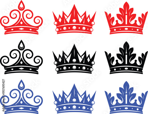 Royal crowns in red black and blue colors regal symbols of power and authority vector