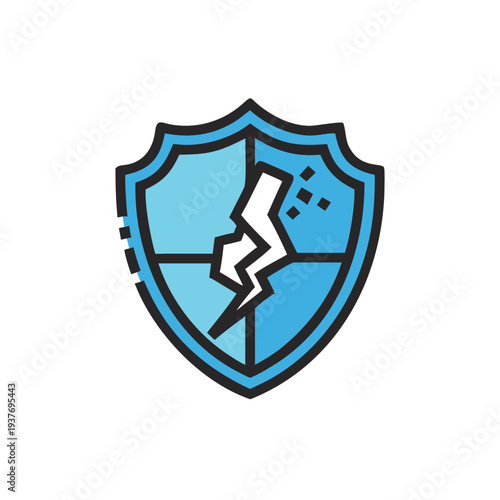 Flat vector broken shield icon isolated on white background