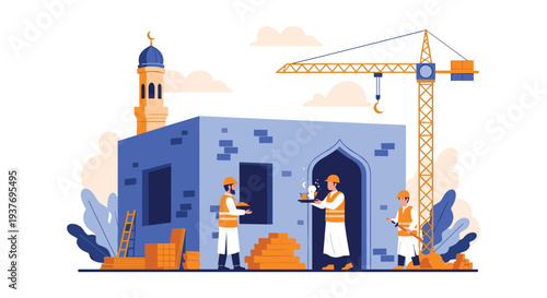 Construction workers and mosque building development with crane and blueprints in Middle Eastern city