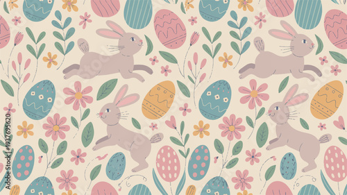 Easter bunnies and colorful eggs in a floral pattern on cream background for spring decoration