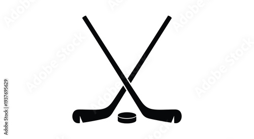 A striking black silhouette depicts two crossed hockey sticks and a puck conveying sport and competition silhouette