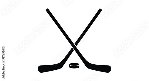 A stark depiction of crossed hockey sticks and a puck in a minimalist black silhouette high quality professional
