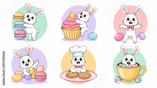 Cute cartoon bunnies enjoying easter treats and desserts in colorful scenes