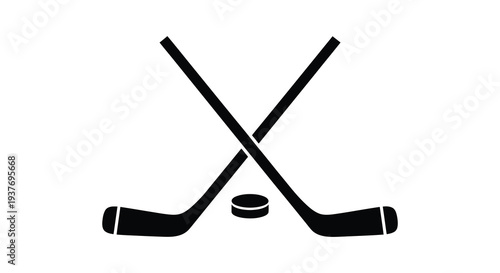 A striking black silhouette depicts two hockey sticks crossed with a puck conveying sport and competition silhouette