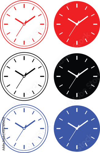 Wall clock face icon set with hands and hour markers in outline and filled styles for time management