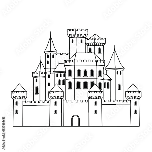 Medieval fantasy castle with towers and battlements isolated