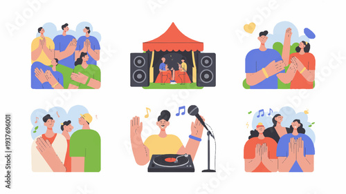 People enjoying music festival with live band and dj dancing and having fun outdoors