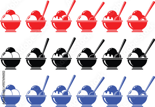 Ice cream bowl with a spoon vector icon set in red black and blue colors