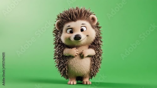 Happy Cartoon Hedgehog Character Animation Green Background.
