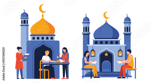 Muslim students studying in mosque with Islamic architecture and crescent moon
