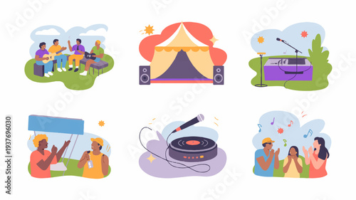 Colorful camping and outdoor recreation icons with people having fun in nature tents music and food