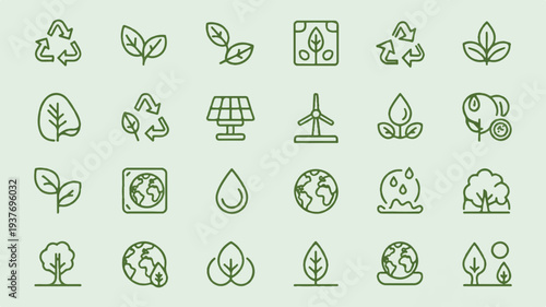 Eco friendly icons set including green leaves globe recycling symbol solar panel and eco concept illustrations on light green background