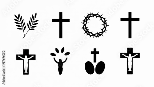 Christianity symbols including crosses and crown of thorns on white background for easter or faith concepts
