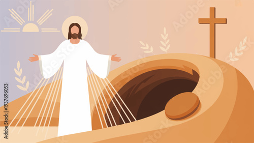 Jesus christ standing near empty tomb with radiant light beams symbolizing resurrection and hope with a cross in the background at sunrise