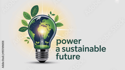 Sustainable future concept with lightbulb containing earth surrounded by green leaves promoting eco friendly energy and environmental conservation ideas