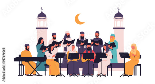 Diverse musicians performing live concert on stage under crescent moon with lighthouse backdrop