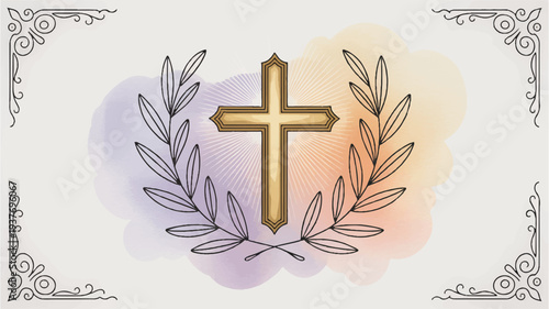 Golden cross with laurel wreath on pastel background symbolizing faith and spirituality with decorative border