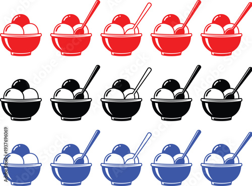 Ice cream scoop bowl icon collection with spoon set in red black and blue colors for summer dessert