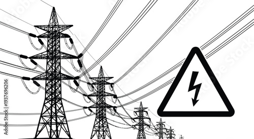 High voltage power lines and warning sign depicted in a striking black silhouette high quality professional detailed modern