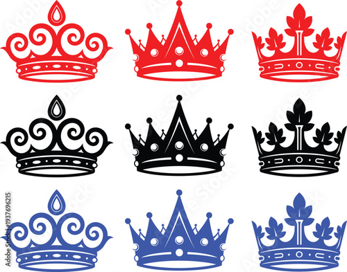 Collection of ornate crowns in red, black, and blue, regal symbols, regal emblems, regal symbols
