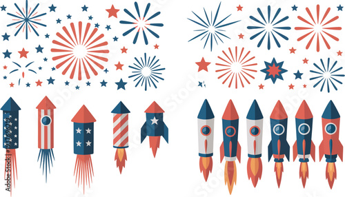 Rocket icon set with patriotic fireworks and starburst illustrations