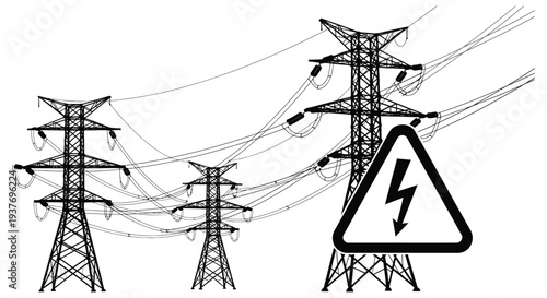 A stark depiction of electrical power infrastructure including towers lines and a warning sign silhouette high quality professional