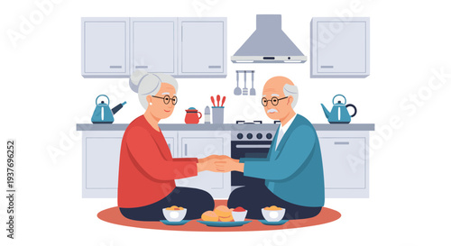 Elderly couple holding hands in cozy modern kitchen with breakfast and tea