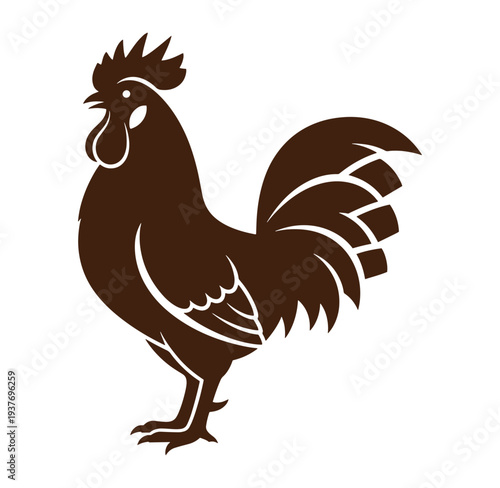 Brown rooster silhouette standing on white background