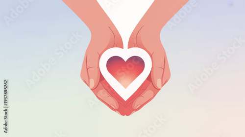 Hands cradling a white heart symbol on a pastel gradient background conveying love and care