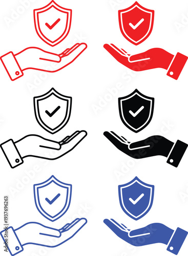 Safety shield protection icons held by hands in various colors and styles for security illustrations
