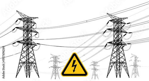 A stark graphic depiction of electrical power lines and a warning sign presented as a silhouette high quality