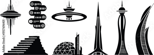 Futuristic Architecture and Modern Landmark Silhouette Set: Sci-Fi Tower, Dome, and Spiral Building Icons