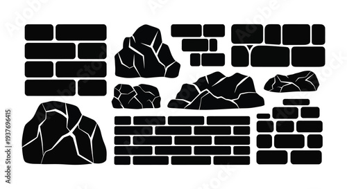 A collection of black rock and brick formations displayed in a repeating geometric pattern silhouette high quality professional