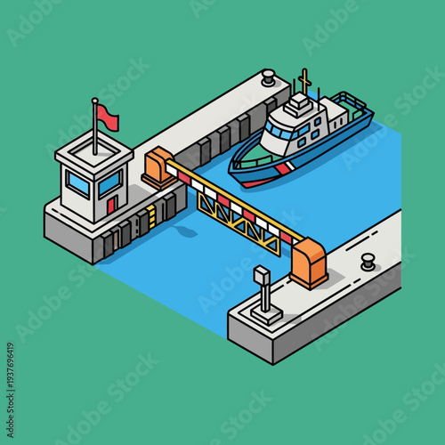 Isometric illustration of a docked boat at a harbor with a crane.