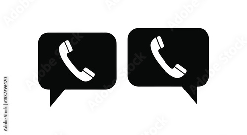 Two black speech bubbles each containing a white telephone handset in a minimalist style silhouette high quality professional