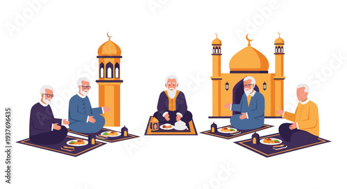 Muslim scholars discussing Quran in traditional mosque with golden domes and warm lighting