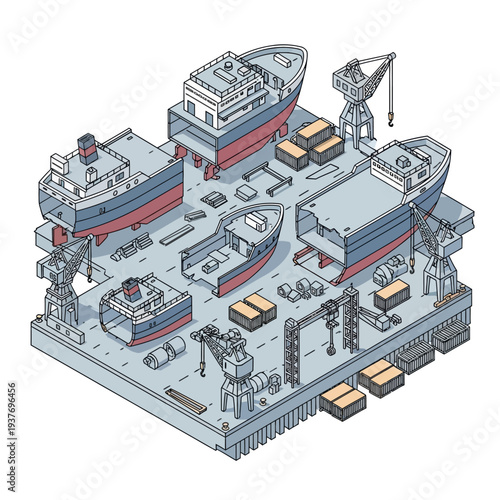Isometric illustration of a busy dockyard with cargo ships and cranes.